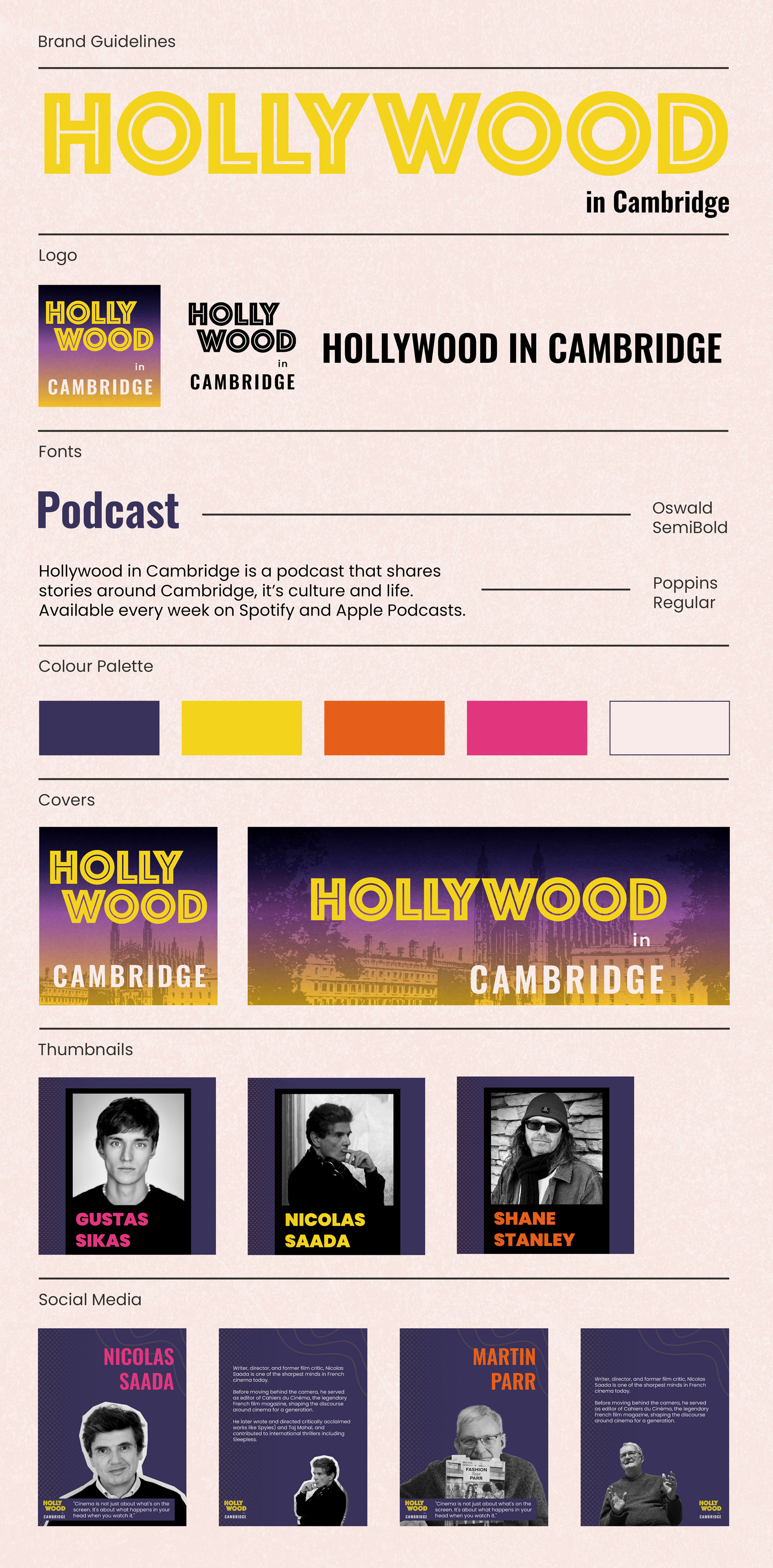 Brand guidelines for Hollywood in Cambridge podcast developed by Anna Polhorodnyk
